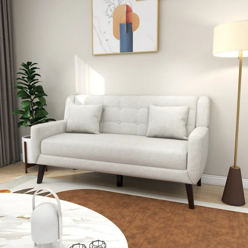 Causeuse capitonnée en lin gris / beige / jaune – 2 places