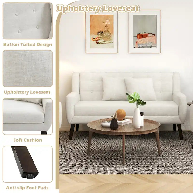 Causeuse capitonnée en lin gris / beige / jaune – 2 places