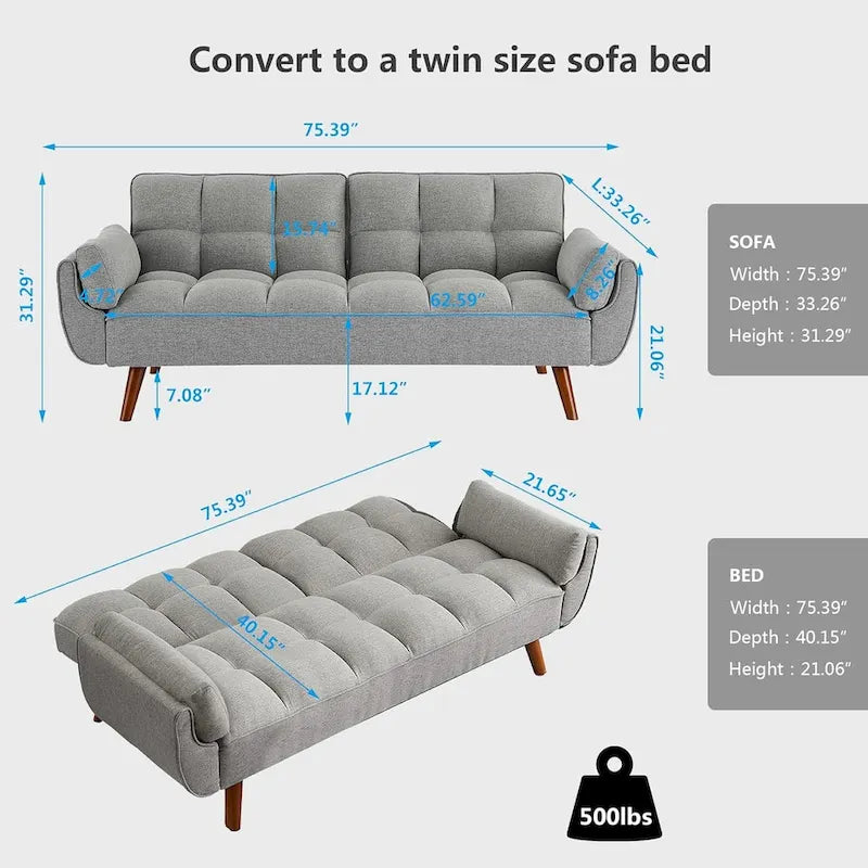 Canapé-lit convertible futon – 2 places, dossier réglable (gris foncé / gris clair / vert / beige / jaune)