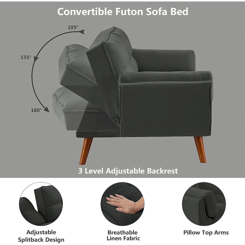 Canapé-lit convertible futon – 2 places, dossier réglable (gris foncé / gris clair / vert / beige / jaune)