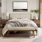 Tête de lit tapissée beige et cadre de lit en bois naturel, Queen / King, 2 personnes