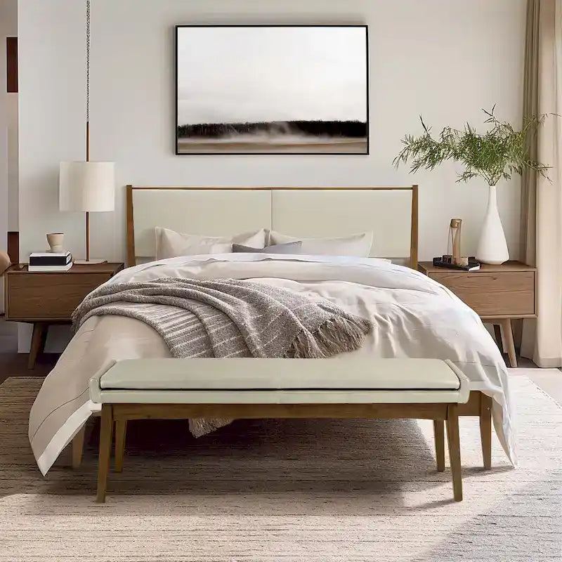 Tête de lit tapissée beige et cadre de lit en bois naturel, Queen / King, 2 personnes