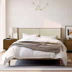 Tête de lit tapissée beige et cadre de lit en bois naturel, Queen / King, 2 personnes