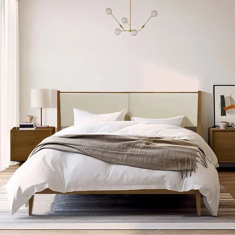 Tête de lit tapissée beige et cadre de lit en bois naturel, Queen / King, 2 personnes
