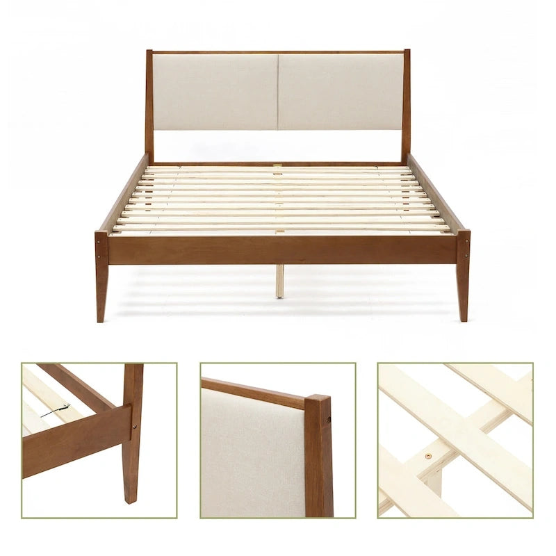 Tête de lit tapissée beige et cadre de lit en bois naturel, Queen / King, 2 personnes