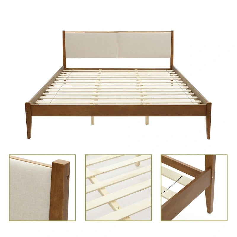 Tête de lit tapissée beige et cadre de lit en bois naturel, Queen / King, 2 personnes