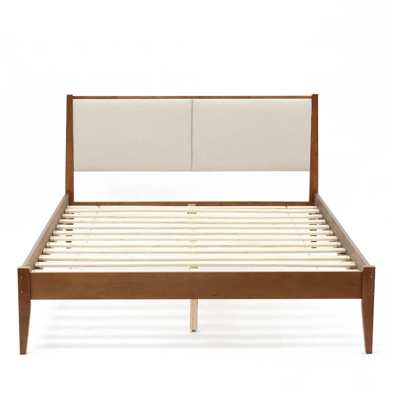 Tête de lit tapissée beige et cadre de lit en bois naturel, Queen / King, 2 personnes
