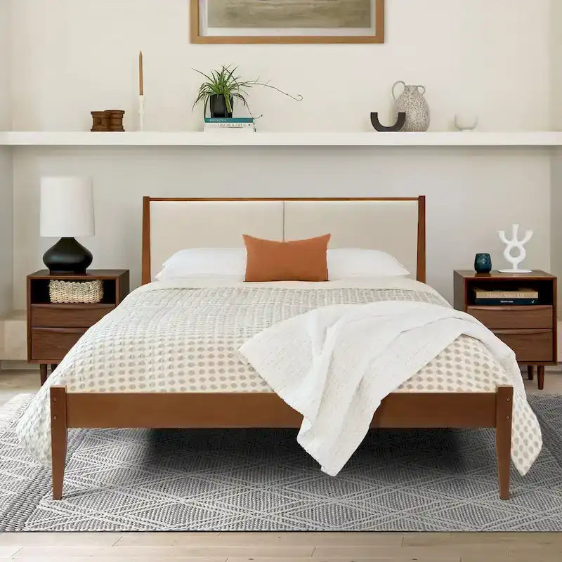 Tête de lit tapissée beige et cadre de lit en bois naturel, Queen / King, 2 personnes