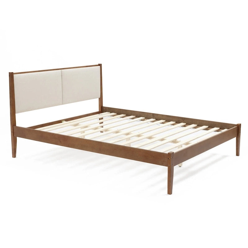 Tête de lit tapissée beige et cadre de lit en bois naturel, Queen / King, 2 personnes