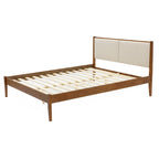 Tête de lit tapissée beige et cadre de lit en bois naturel, Queen / King, 2 personnes