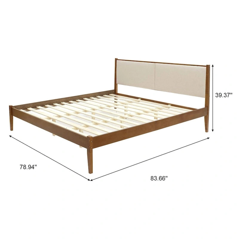 Tête de lit tapissée beige et cadre de lit en bois naturel, Queen / King, 2 personnes