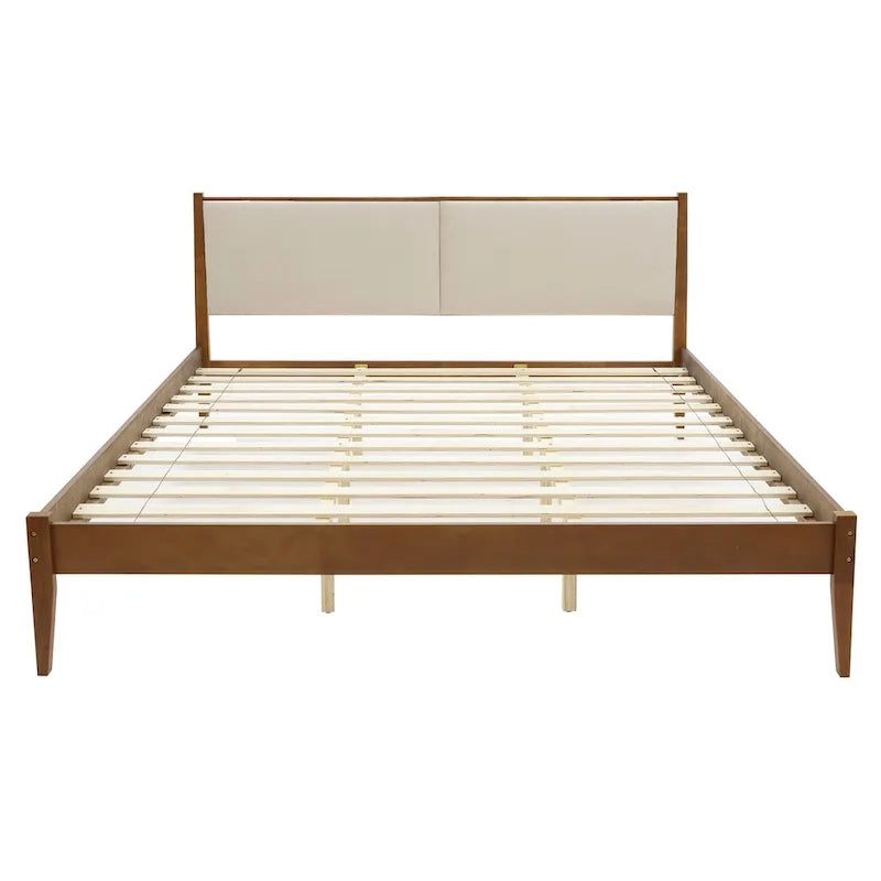 Tête de lit tapissée beige et cadre de lit en bois naturel, Queen / King, 2 personnes