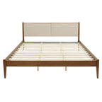 Tête de lit tapissée beige et cadre de lit en bois naturel, Queen / King, 2 personnes