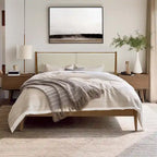 Tête de lit tapissée beige et cadre de lit en bois naturel, Queen / King, 2 personnes