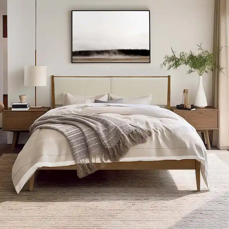 Tête de lit tapissée beige et cadre de lit en bois naturel, Queen / King, 2 personnes