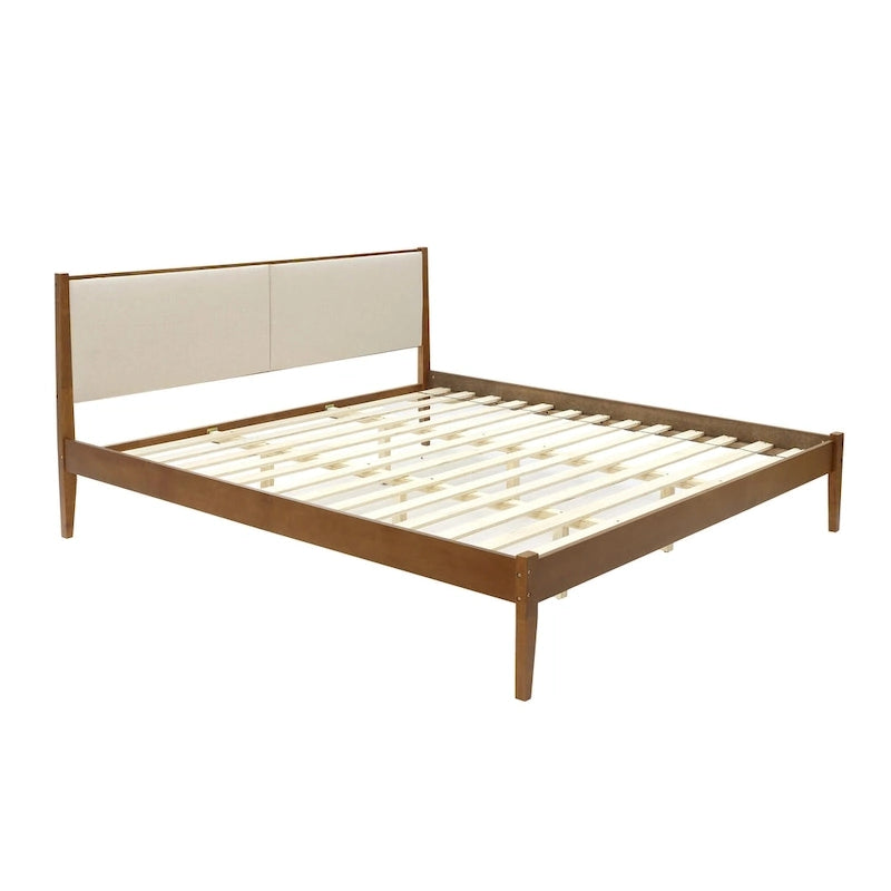 Tête de lit tapissée beige et cadre de lit en bois naturel, Queen / King, 2 personnes