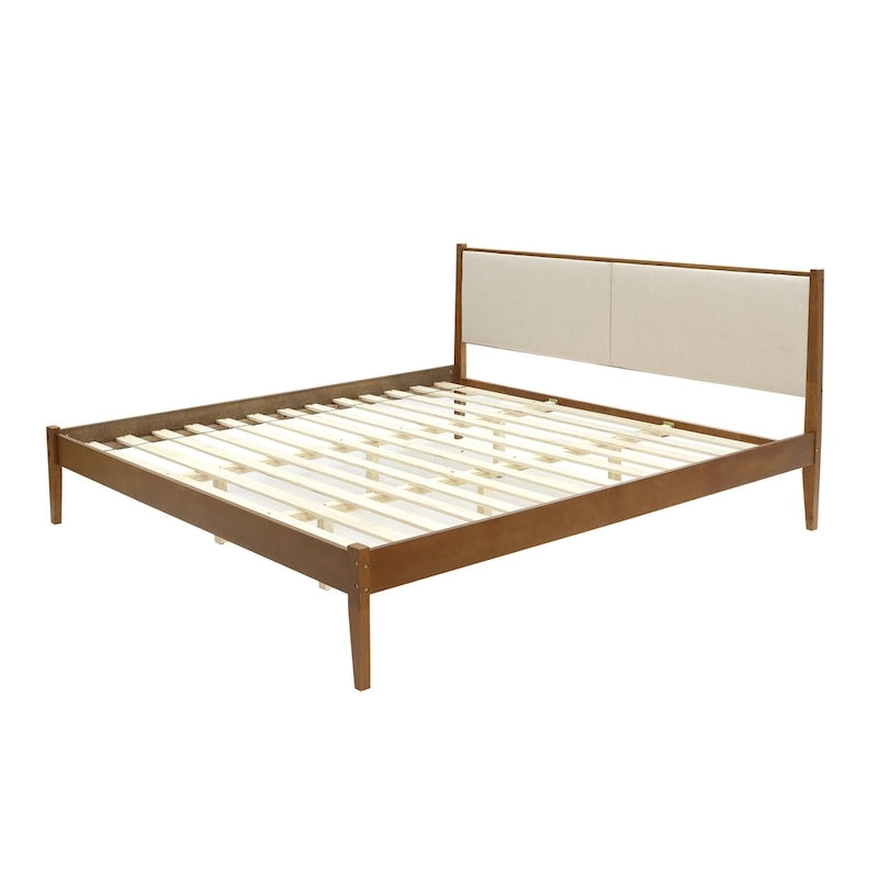 Tête de lit tapissée beige et cadre de lit en bois naturel, Queen / King, 2 personnes