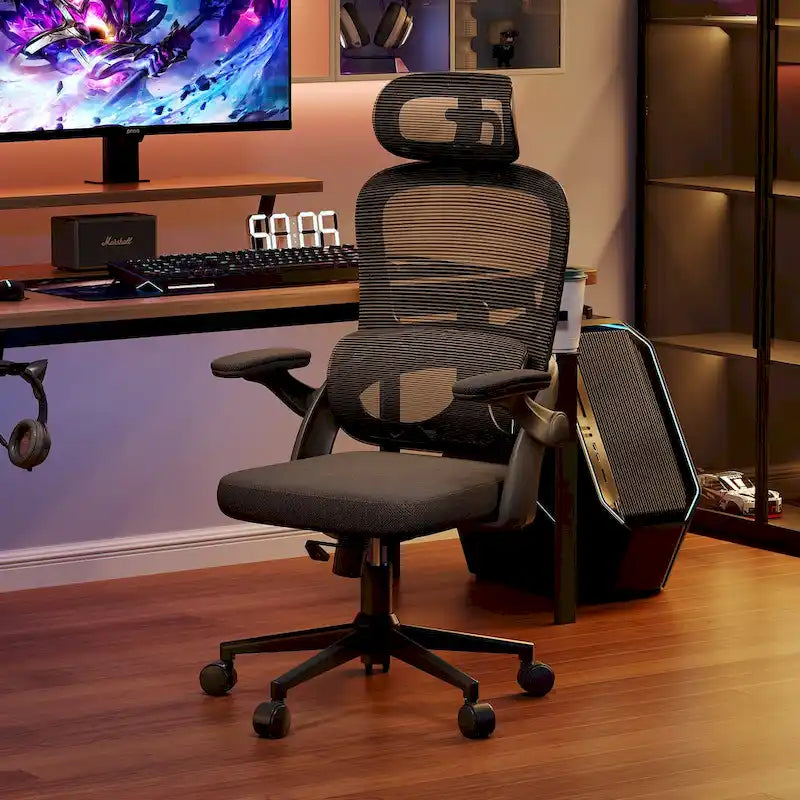 Fauteuil de bureau ergonomique en maille noire à dossier haut, utilisateur unique, 75×70×126 cm