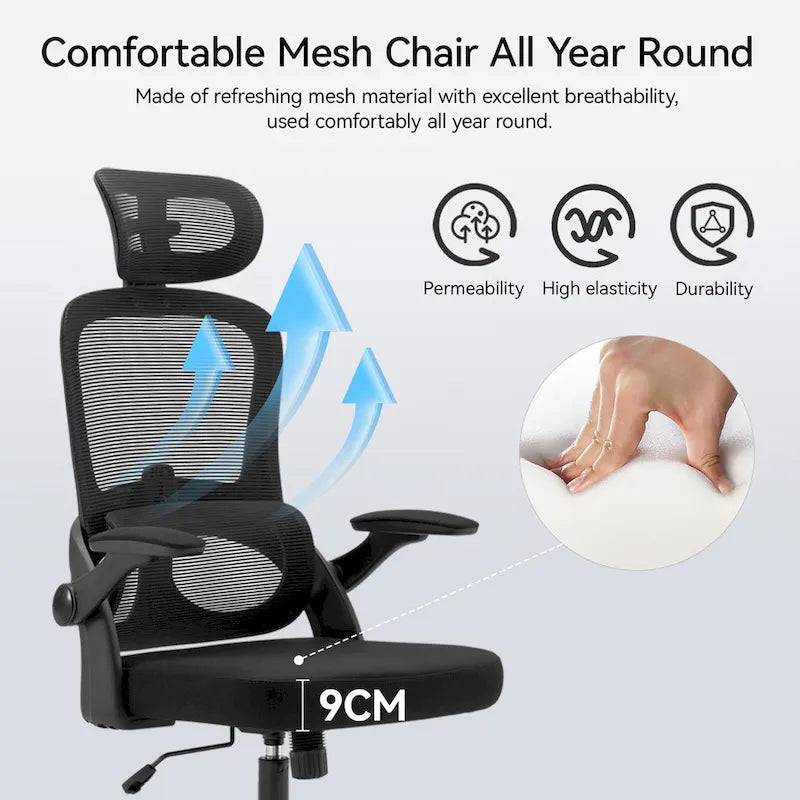 Fauteuil de bureau ergonomique en maille noire à dossier haut, utilisateur unique, 75×70×126 cm