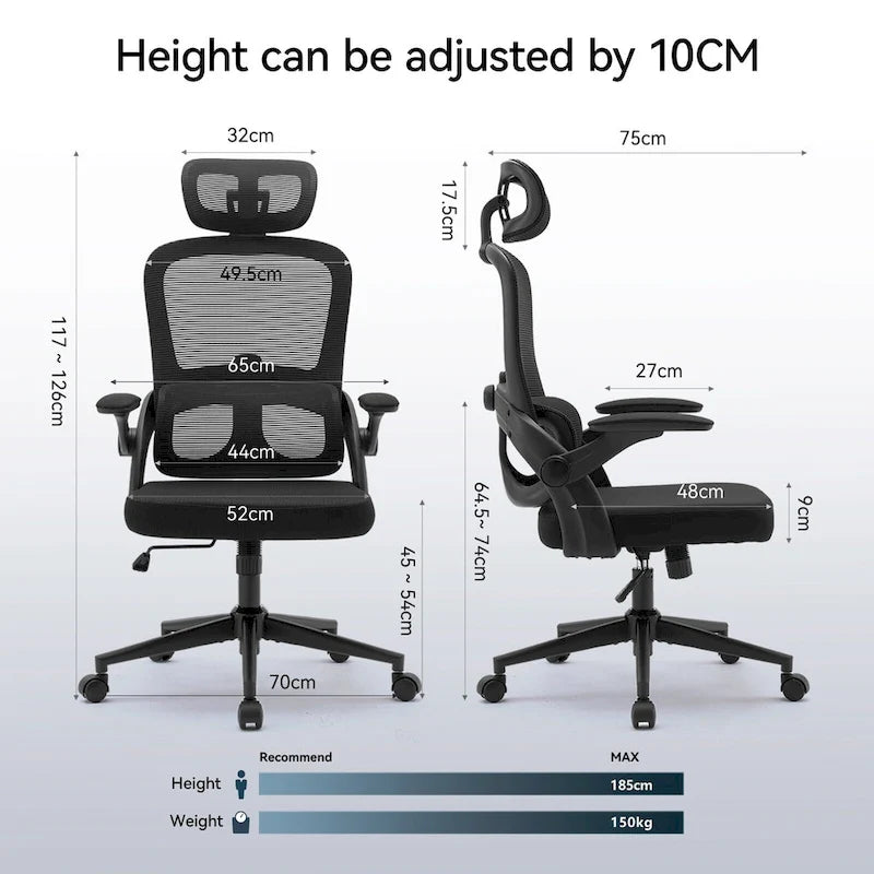 Fauteuil de bureau ergonomique en maille noire à dossier haut, utilisateur unique, 75×70×126 cm