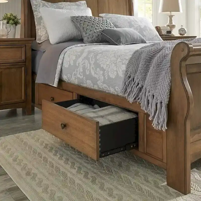 Chêne / Noir / Gris / Vert Sauge / Rouge Baie / Blanc – Lit traîneau Queen avec rangement, 1 ou 2 tiroirs latéraux, Pour 2 personnes