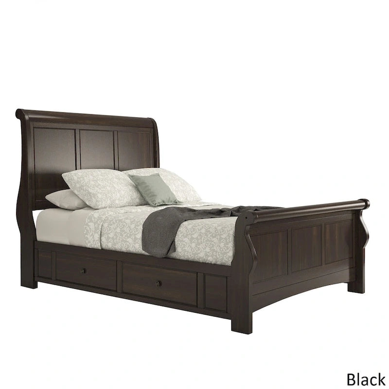 Chêne / Noir / Gris / Vert Sauge / Rouge Baie / Blanc – Lit traîneau Queen avec rangement, 1 ou 2 tiroirs latéraux, Pour 2 personnes
