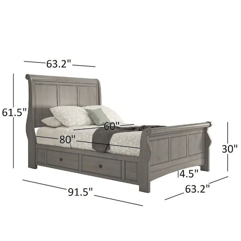 Chêne / Noir / Gris / Vert Sauge / Rouge Baie / Blanc – Lit traîneau Queen avec rangement, 1 ou 2 tiroirs latéraux, Pour 2 personnes