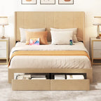 Lit plateforme capitonné Queen beige/gris avec tiroirs de rangement et 4 ports USB, convient pour 1 à 2 personnes