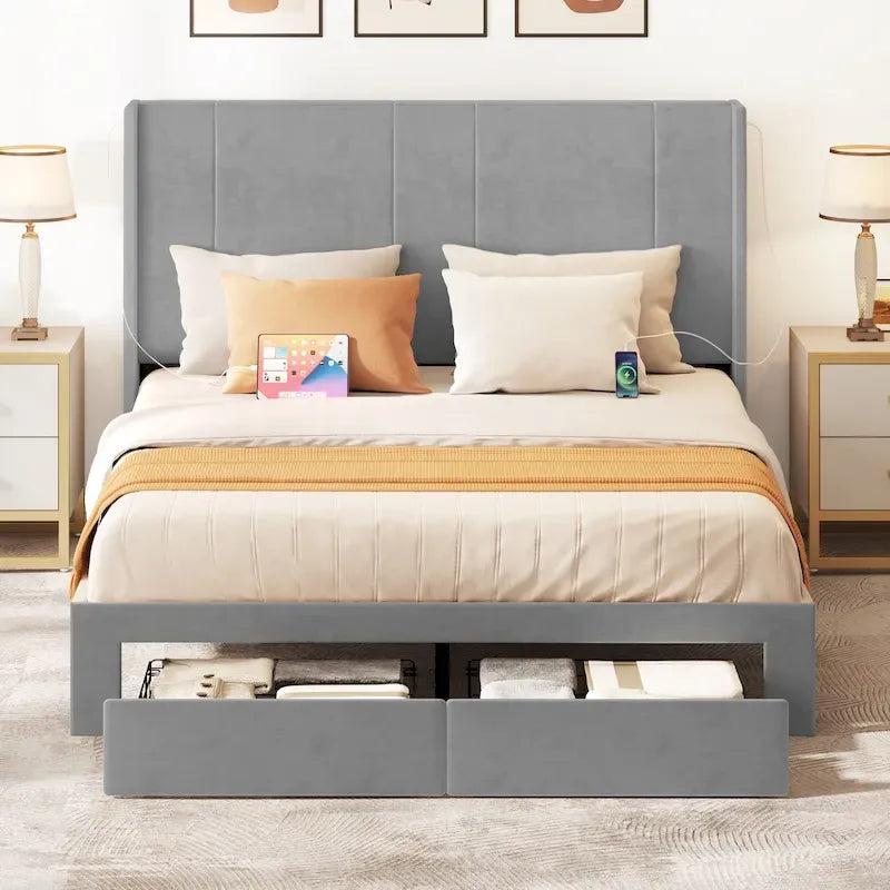 Lit plateforme capitonné Queen beige/gris avec tiroirs de rangement et 4 ports USB, convient pour 1 à 2 personnes