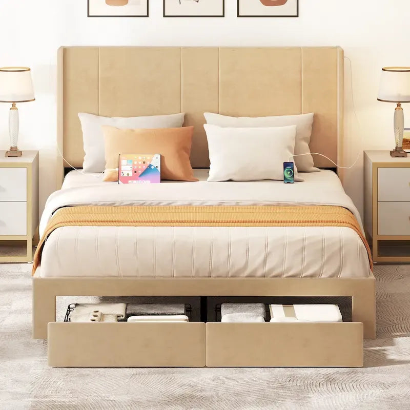 Lit plateforme capitonné Queen beige/gris avec tiroirs de rangement et 4 ports USB, convient pour 1 à 2 personnes