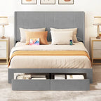 Lit plateforme capitonné Queen beige/gris avec tiroirs de rangement et 4 ports USB, convient pour 1 à 2 personnes