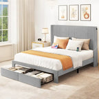 Lit plateforme capitonné Queen beige/gris avec tiroirs de rangement et 4 ports USB, convient pour 1 à 2 personnes