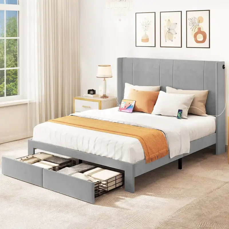 Lit plateforme capitonné Queen beige/gris avec tiroirs de rangement et 4 ports USB, convient pour 1 à 2 personnes