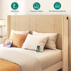 Lit plateforme capitonné Queen beige/gris avec tiroirs de rangement et 4 ports USB, convient pour 1 à 2 personnes