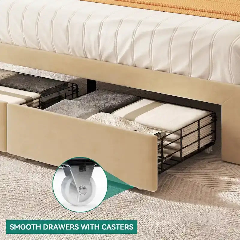 Lit plateforme capitonné Queen beige/gris avec tiroirs de rangement et 4 ports USB, convient pour 1 à 2 personnes