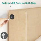 Lit plateforme capitonné Queen beige/gris avec tiroirs de rangement et 4 ports USB, convient pour 1 à 2 personnes