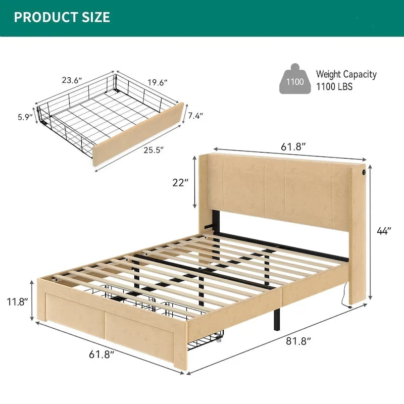 Lit plateforme capitonné Queen beige/gris avec tiroirs de rangement et 4 ports USB, convient pour 1 à 2 personnes