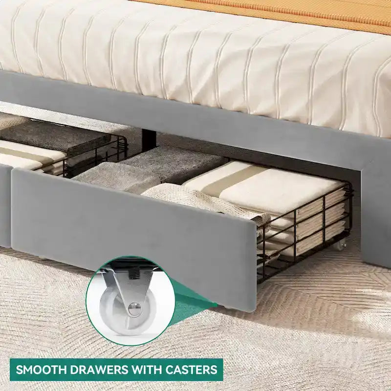 Lit plateforme capitonné Queen beige/gris avec tiroirs de rangement et 4 ports USB, convient pour 1 à 2 personnes