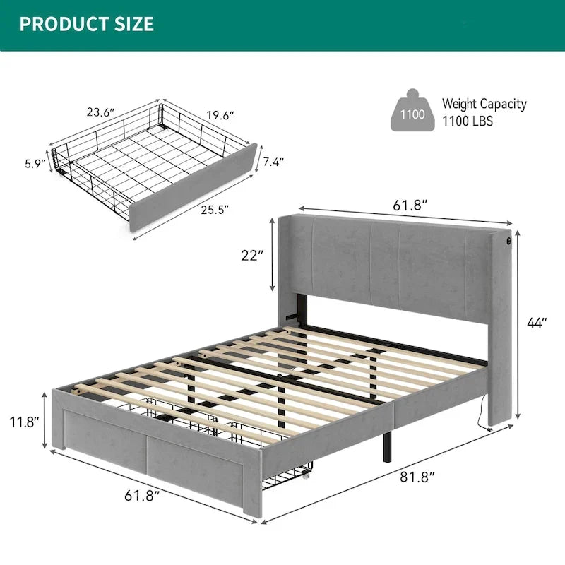 Lit plateforme capitonné Queen beige/gris avec tiroirs de rangement et 4 ports USB, convient pour 1 à 2 personnes