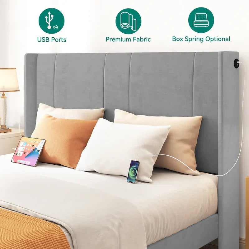 Lit plateforme capitonné Queen beige/gris avec tiroirs de rangement et 4 ports USB, convient pour 1 à 2 personnes