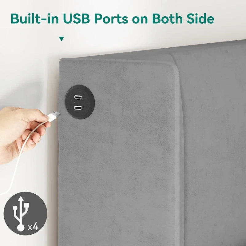 Lit plateforme capitonné Queen beige/gris avec tiroirs de rangement et 4 ports USB, convient pour 1 à 2 personnes