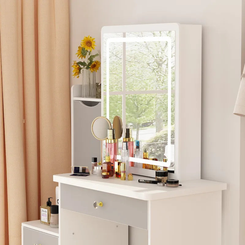 Coiffeuse lumineuse blanche/grise et noire avec miroir et tabouret, pour une personne