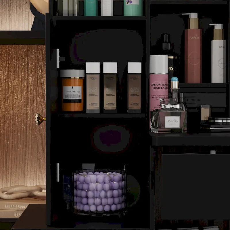 Coiffeuse lumineuse blanche/grise et noire avec miroir et tabouret, pour une personne