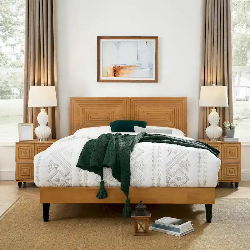 Lit plateforme en bois massif noyer brun, style Mid-Century, avec tête de lit réglable – Lit double / Queen / King
