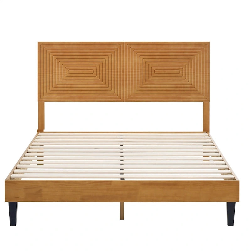Lit plateforme en bois massif noyer brun, style Mid-Century, avec tête de lit réglable – Lit double / Queen / King