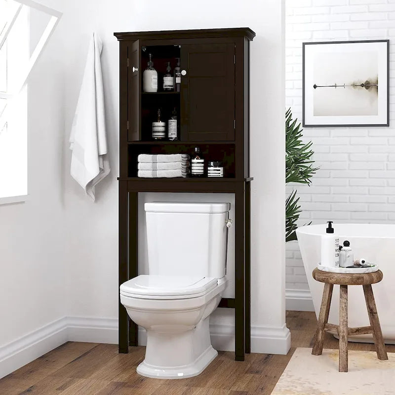 Meuble de rangement pour WC avec tiroir – Blanc / Espresso, 2 portes, assemblage par 1 personne