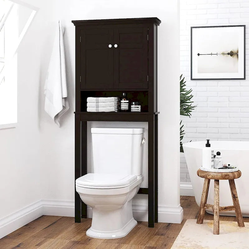 Meuble de rangement pour WC avec tiroir – Blanc / Espresso, 2 portes, assemblage par 1 personne