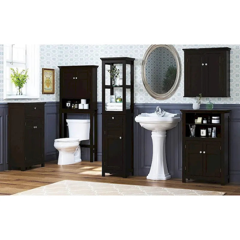 Meuble de rangement pour WC avec tiroir – Blanc / Espresso, 2 portes, assemblage par 1 personne