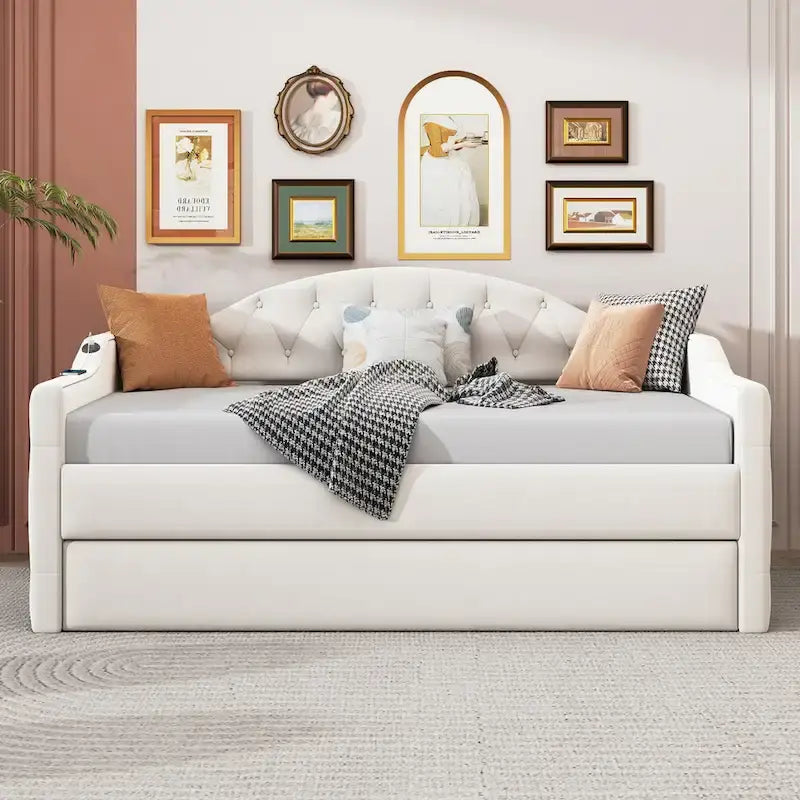 Lit de repos capitonné en velours beige avec lit gigogne, taille double, pour 2 personnes, chargement USB-C