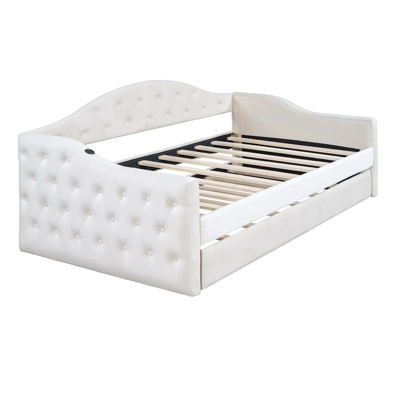 Lit de repos capitonné en velours beige avec lit gigogne, taille double, pour 2 personnes, chargement USB-C